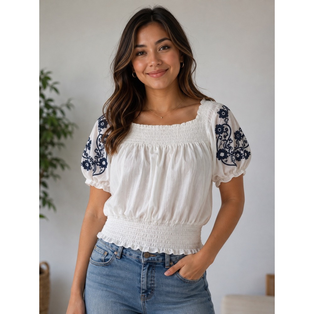 Twelve by Twelve Los Angeles White Smocked Peasant Blouse Embroidered Sleeves S